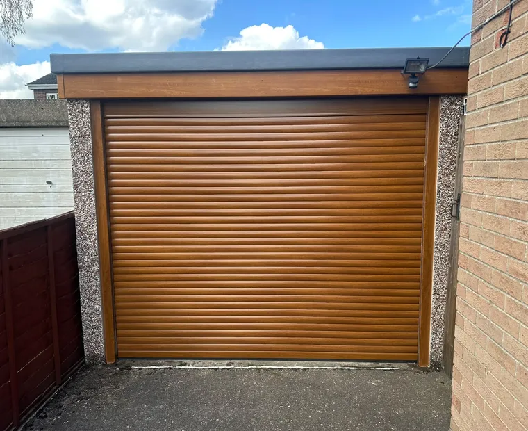 Golden oak roller garage door
